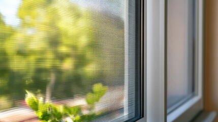 Fototapeta premium Close-Up View of a Sunlit Window Screen with Green Foliage in the Background, Showcasing Natural Light and Window Details in a Cozy Indoor Setting
