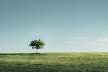 Obraz premium Solitary Tree in Peaceful Open Field Under Clear Sky
