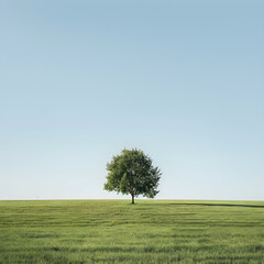 Solitary Tree in Peaceful Open Field Under Clear Sky