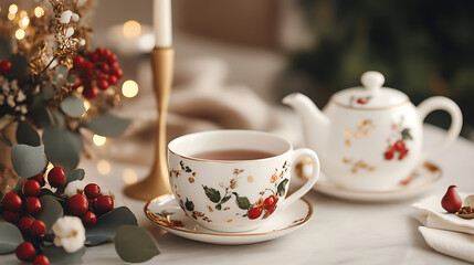 Fototapeta premium A close-up shot depicts a teacup and teapot, both adorned with a floral pattern, on a marble table