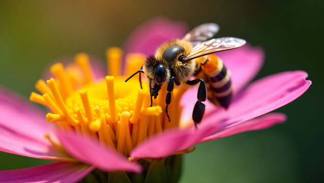 A close-up of a bee pollinating a flower, emphasizing the vital role of pollinators in the ecosystem.