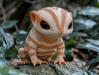 Striped creature sits forest rock