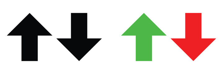 Simple up and down arrows. Upward, downward arrows in green and red isolated on white background, set of two. Vector illustration.