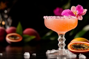 Colorful cocktail garnished with a flower and surrounded by fresh fruits in a dark setting