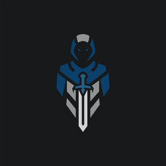 A dark, mysterious warrior emblem featuring a hooded figure with a sword at the center. The blue, gray, and black design conveys strength, stealth, and power, ideal for gaming or esports branding.