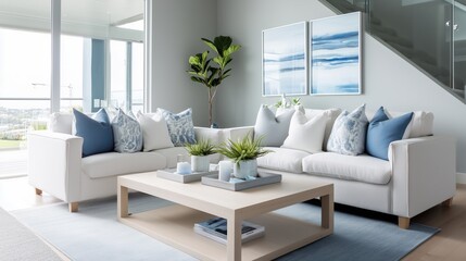 Fototapeta premium Bright modern living room with white furniture and blue accents. Comfortable home interior design