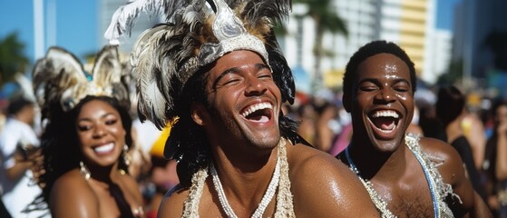 Joyful parade scene with costumed dancers exuding vibrant energy, under the bright sun, in a lively street full of colorful celebrations.