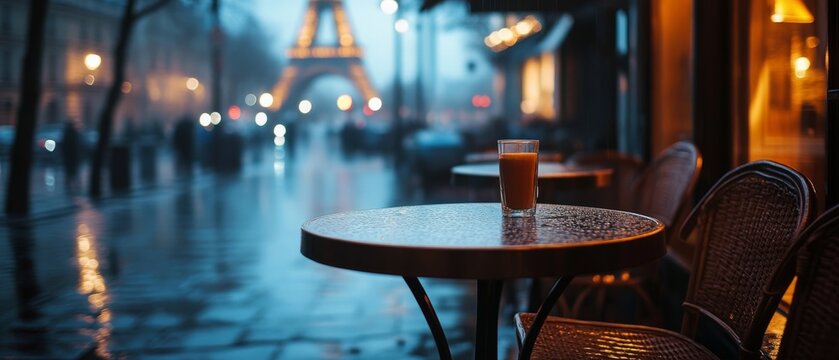 A cozy café table overlooks the Parisian street, with the Eiffel Tower in the misty distance.