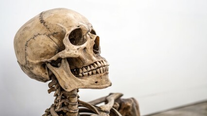 Human Skull and Upper Skeleton on White Background