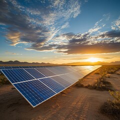 Solar energy panels captured at sunset in desert landscape outdoor photography renewable energy concept
