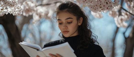A young woman reads under cherry blossoms, capturing a serene moment of literary immersion and natural beauty in the soft spring light.