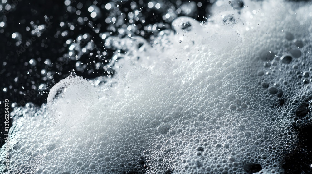 Poster close-up view of delicate soap bubbles floating on a dark surface with soft focus and light reflecti