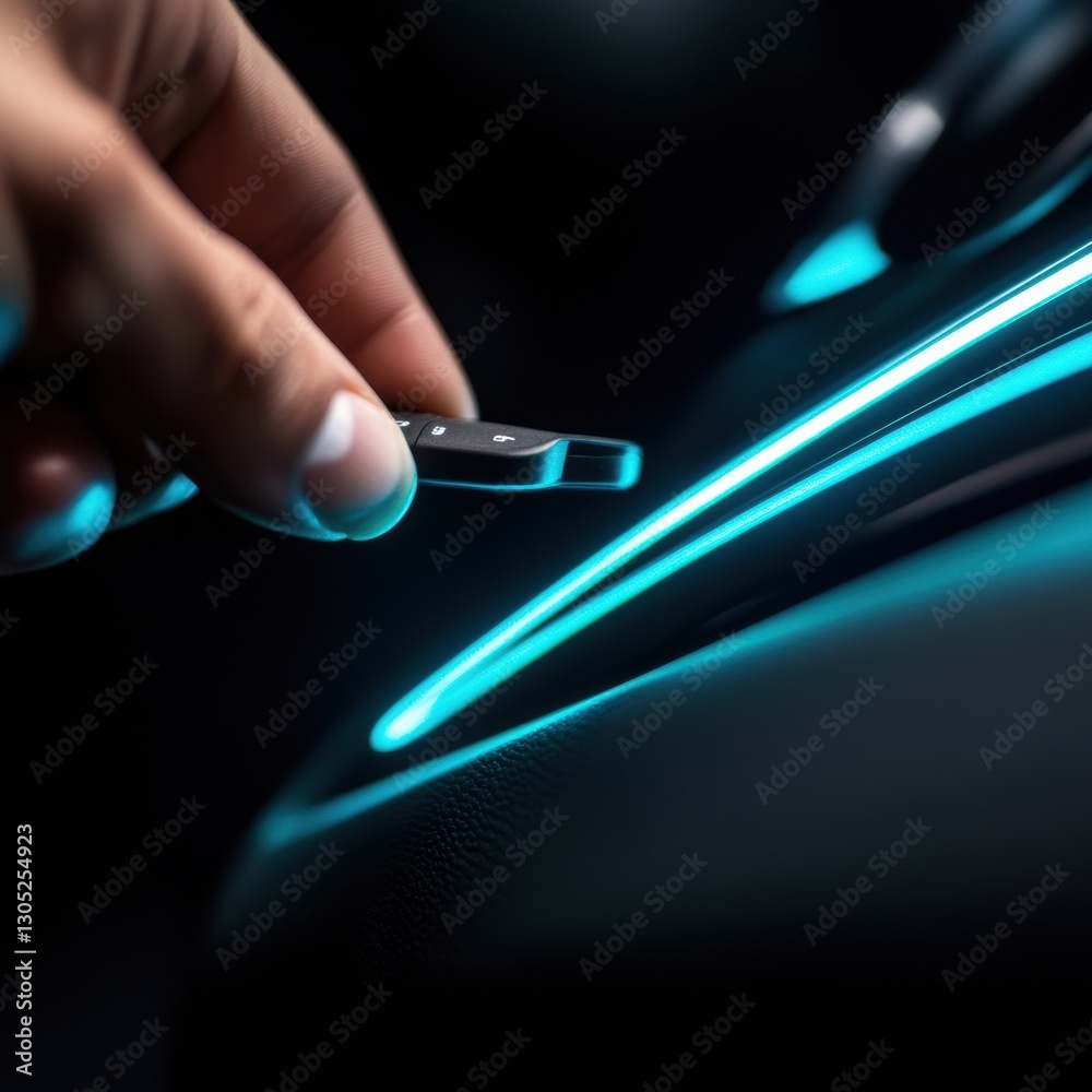 Poster futuristic ev innovation sleek smart technology keyless entry with luminescent cyan interfaces - nex