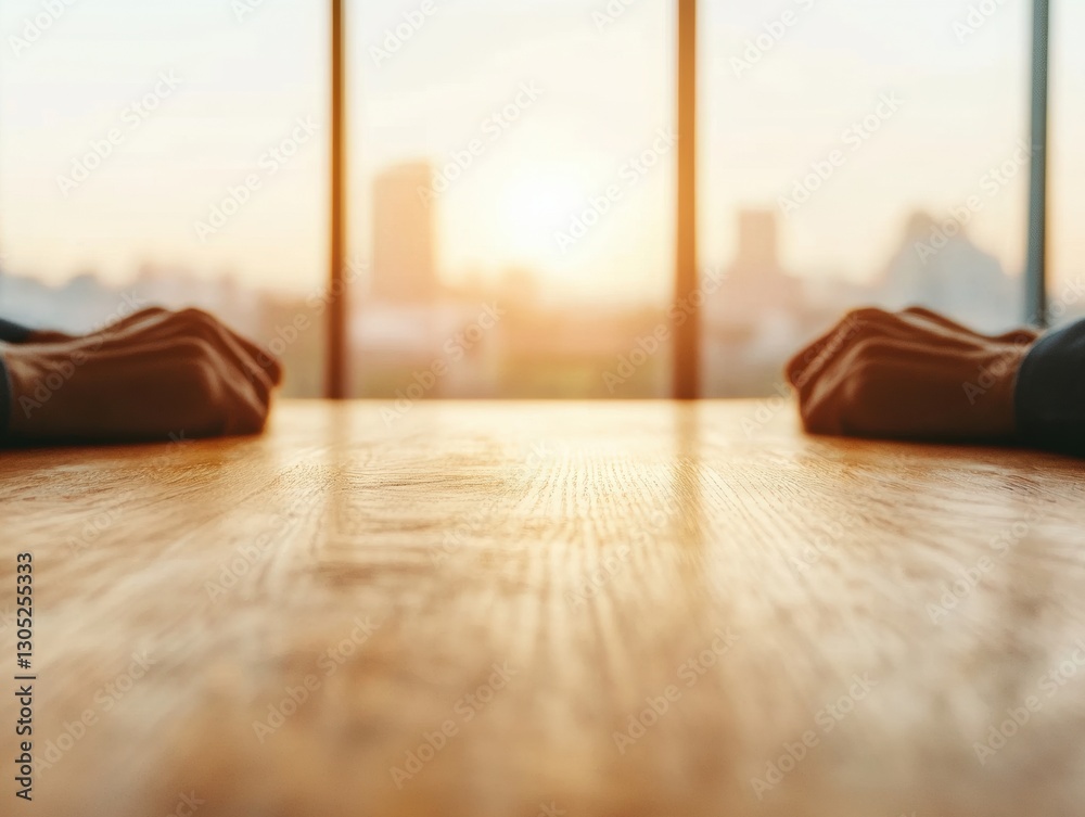 Poster minimalist corporate strategy session soft-focus urban workspace collaboration with golden hour ligh