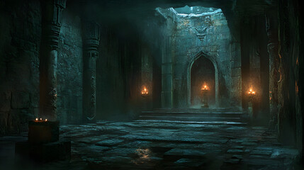 temple interior with flickering candlelight illuminating the worn stone walls 