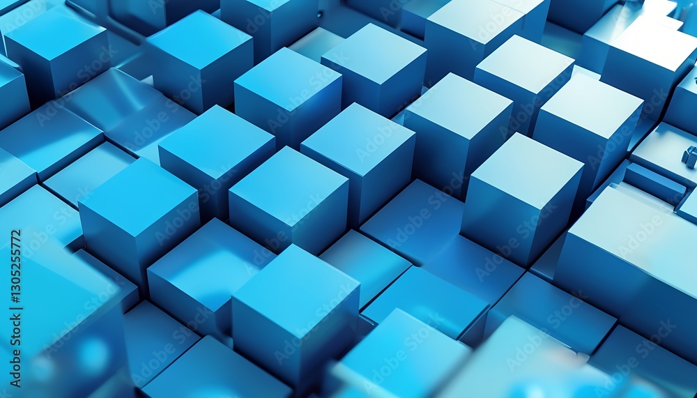 Poster dynamic blue block structures abstract visualization graphic design digital environment aerial view 