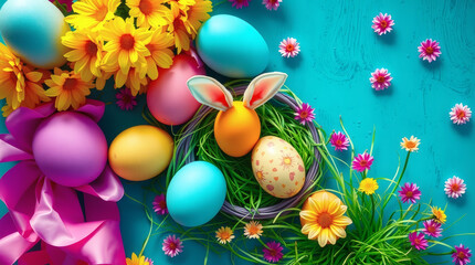 easter eggs and flowers decoration with bunny ears | generative AI