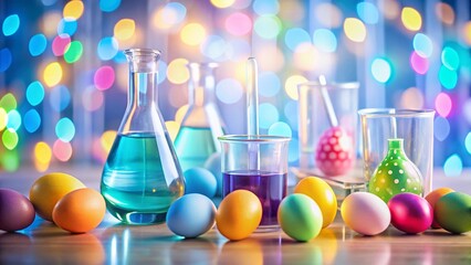 Easter Egg Hunt in Vibrant Science Lab: Colorful Bokeh Background Stock Photo