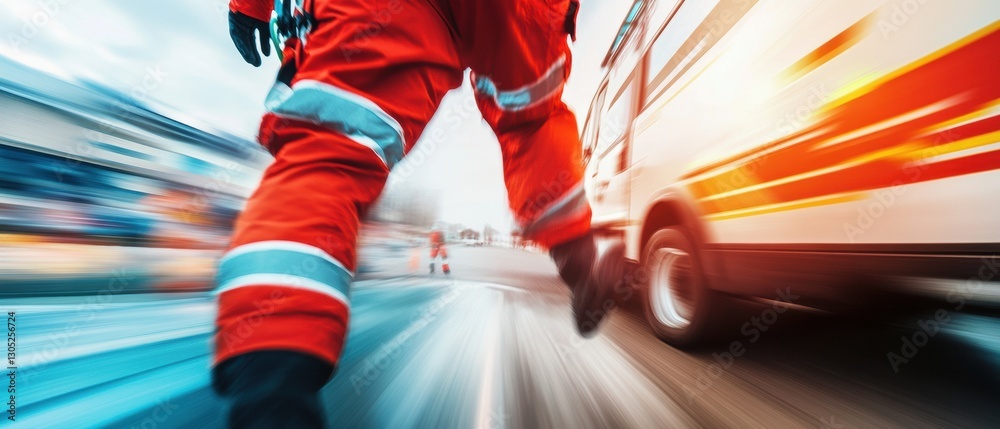 Poster dynamic emergency response high-velocity paramedic motion blur capturing critical care urgency in ne
