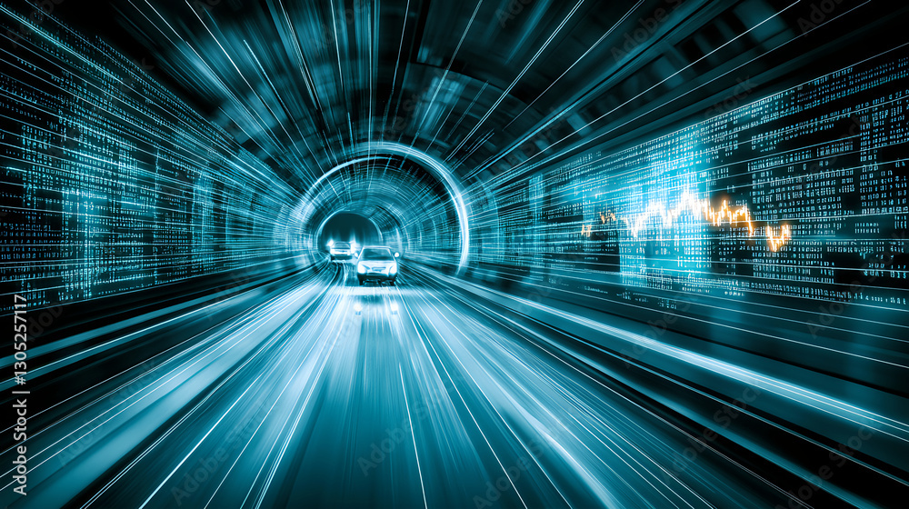 Poster thrilling high-speed data transmission digital tunnel motion graphics futuristic setting dynamic per