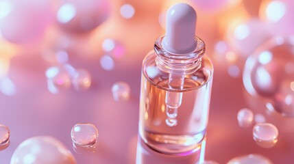 Transparent glass dropper bottle filled with serum surrounded by colorful water droplets on a soft pastel background, showcasing beauty and skincare essentials