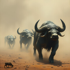 Fototapeta premium A dusty wasteland with massive, mutated animals trudging through the dense haze, captured in thick oil paint to highlight the eerie and unsettling environment,