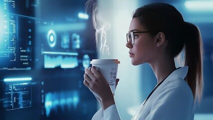Young female scientist wearing a lab coat and glasses enjoys a hot beverage while analyzing data displayed on several large screens in a modern laboratory setting - Powered by Adobe