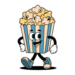 Retro cartoon character walking with a giant bucket of popcorn in a playful style