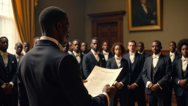A historical reenactment of the reading of the Emancipation Proclamation, representing the moment of liberation for enslaved people.