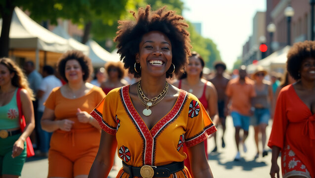 An image of people celebrating Juneteenth with a parade, featuring music, dancing, and traditional attire.