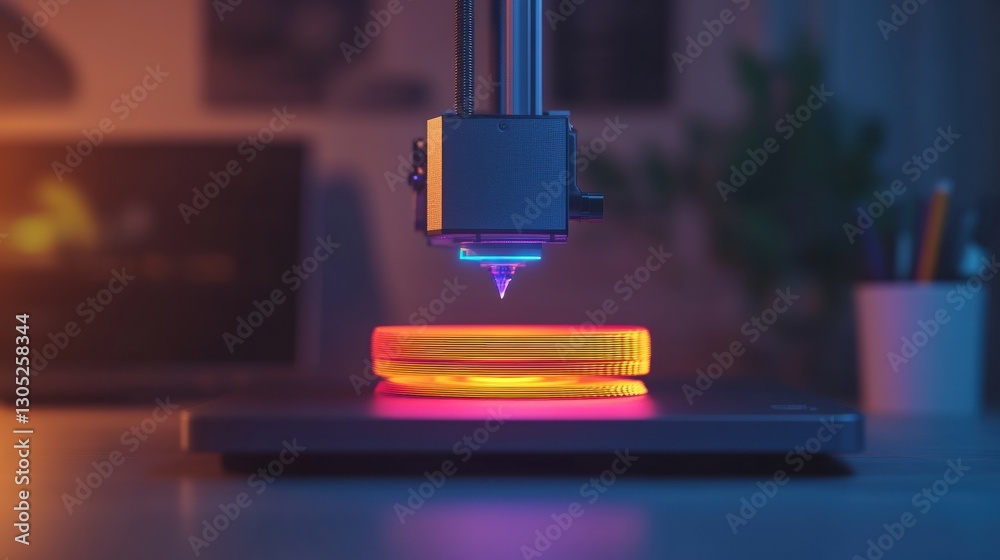Poster futuristic desktop fabrication precision printing with vibrant neon gradient - next-gen digital manu
