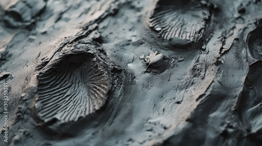 Poster close-up view of textured surface with impressions and patterns resembling natural elements, perfect