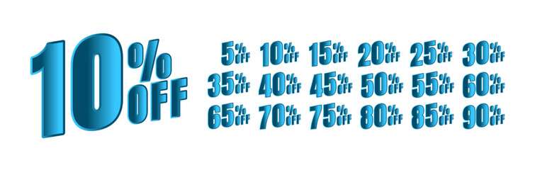 Discount percentages of 5, 10, 15, 20, 25, 30, 35, 40, 45, 50, 55, 60, 65, 70, 75, 80, 85, 90 off with gradient in shades of blue.