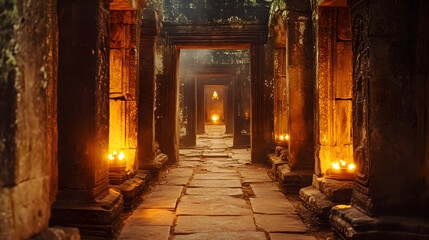 Fototapeta premium passageway with torches flickering against the stone walls, creating a dramatic ancient ambiance 