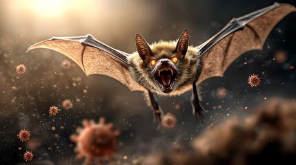 Dramatic photograph of an infected bat flying through the night sky surrounded by microscopic virus particles floating in the air