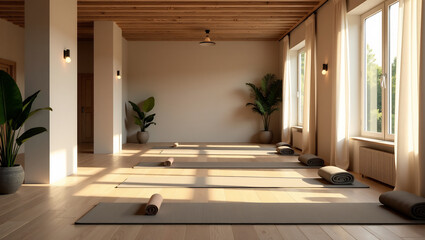 An image of a yoga studio interior, with mats, props, and soft lighting, creating a peaceful and inviting atmosphere.