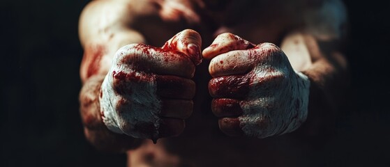 Bloody fists wrap tape, revealing the aftermath of raw combat, emotions raw and laid bare in the silence that follows.