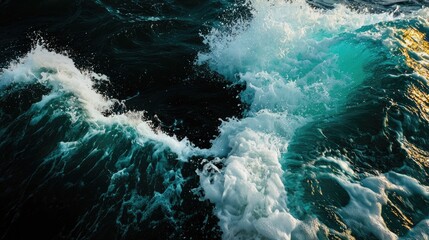 Turquoise Waves Crashing on Dark Ocean Surface at Sunset Light