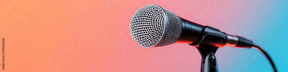 Poster retro chrome microphone vibrant nostalgic performance aesthetic for music content creation, digital 