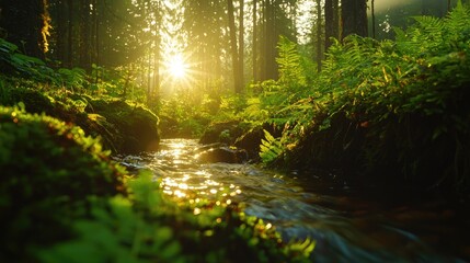 Serene Forest Landscape with Stream and Sunlight Filtering Through Trees