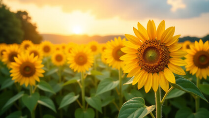 Obraz premium A field of sunflowers in full bloom, facing the sun, symbolizing the warmth and energy of summer.