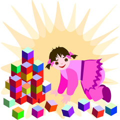  a little girl builds a structure from bright cubes