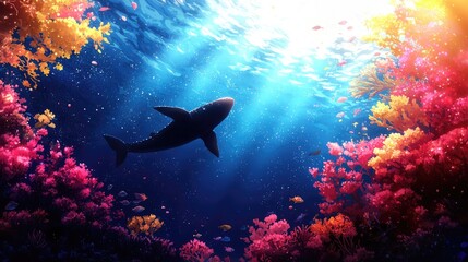 Fototapeta premium Underwater Scene with Shark and Vibrant Coral Reef in Ocean Light
