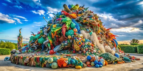 Obraz premium Eco-Friendly Plastic Waste Sculpture Art in a Serene Landscape