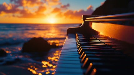 Sunset Reflection on Piano Keys by the Ocean Shoreline Horizon