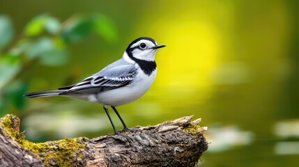 Fototapeta premium Beautiful black and white bird perched on a mossy log near a serene water surface, capturing the essence of nature in a tranquil setting, vibrant colors blend harmoniously