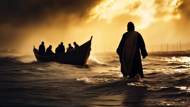 Jesus walking on water during a storm a miraculous moment on the sea of galilee with disciples
