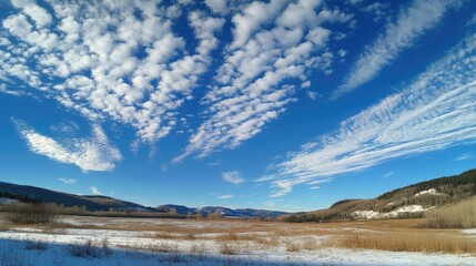 Obraz premium Expansive Winter Landscape Featuring Clear Blue Sky with Fluffy Clouds over Snow-Covered Field and Majestic Mountains in the Background