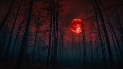 Gloomy spooky forest trees landscape with red full moon and dark red night sky background