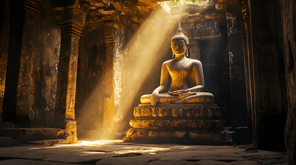 stone Buddha statue inside an ancient temple bathed in soft golden light 